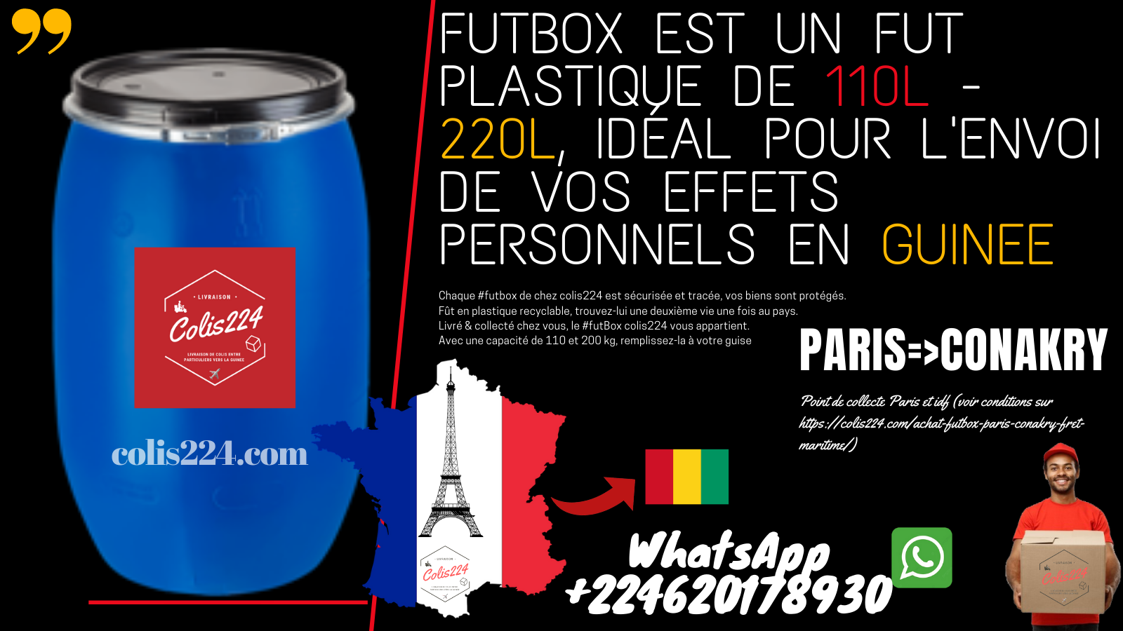 futBox : fut plastique de 110L - 220L, idéal pour l'envoi de vos effets personnels en Guinée.